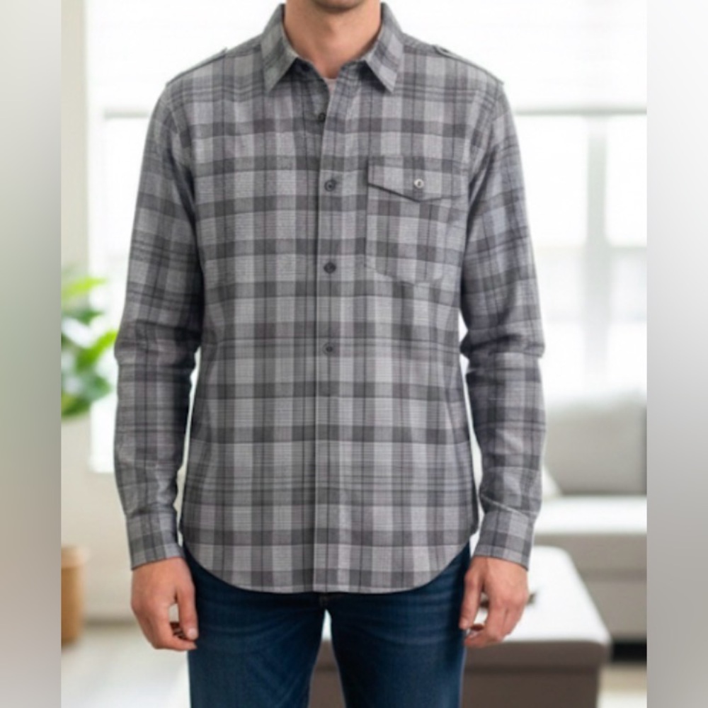 Hurley Phantom Men’s Plaid Button Down Shirt Grey Black Medium Epaulets Med